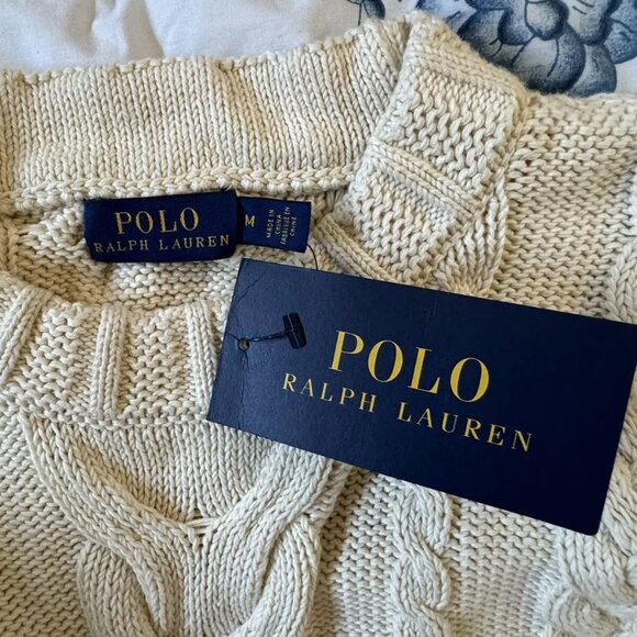 NWT Polo Ralph Lauren Cream 100% Cotton Cable Knit Leather Trim Button Sweater M - Picture 6 of 10